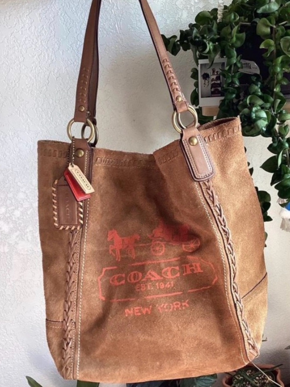 Coach Vintage Brown Suede Tote with Red Logo Accents Tote 👜